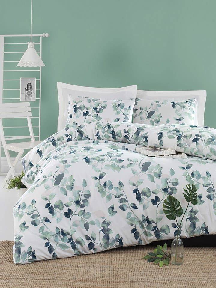 Colourful Cotton Renforcé bedding set "Sabine" in white / green 135x200 cm